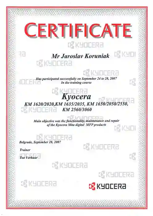 kyocera sertifikat za servis stampaca