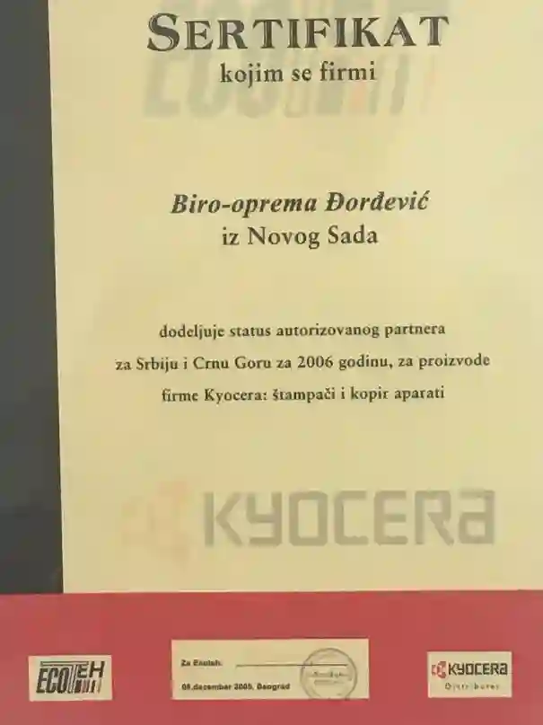 kyocera sertifikat 2006. servisi kyocera stampaca